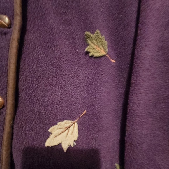 Vintage 90s Y2K Fleece Jacket Cardigan Womens LG Purple Embroidery Leaves Fall - Picture 4 of 11
